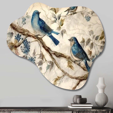 Two Blue Birds Sitting On A Branch Vintage Watercolor II - Asymmetric Metal Wall Art